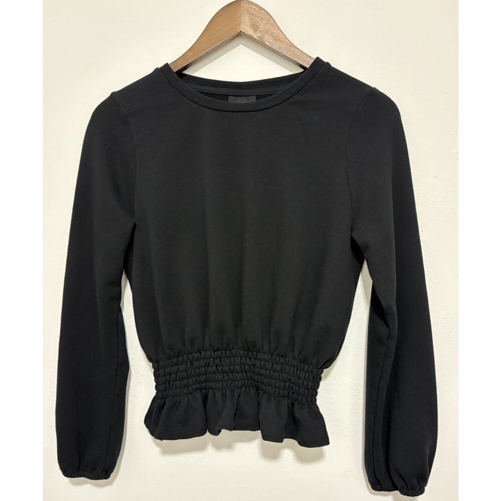 Who What Wear Black Smocked Peplum Sweatshirt Top Womens Small Puff